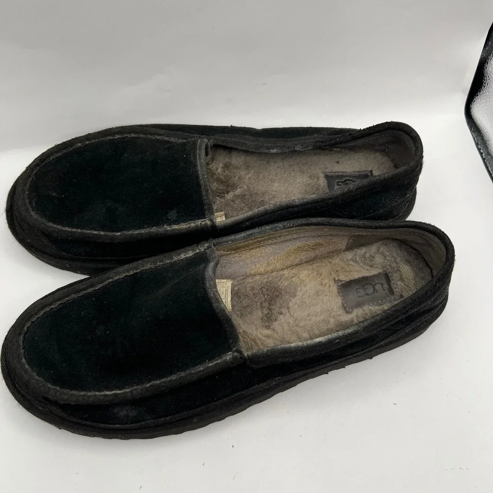 UGG Ascot Suede Slippers Mens 13 Black Wool Lined Loafers casual